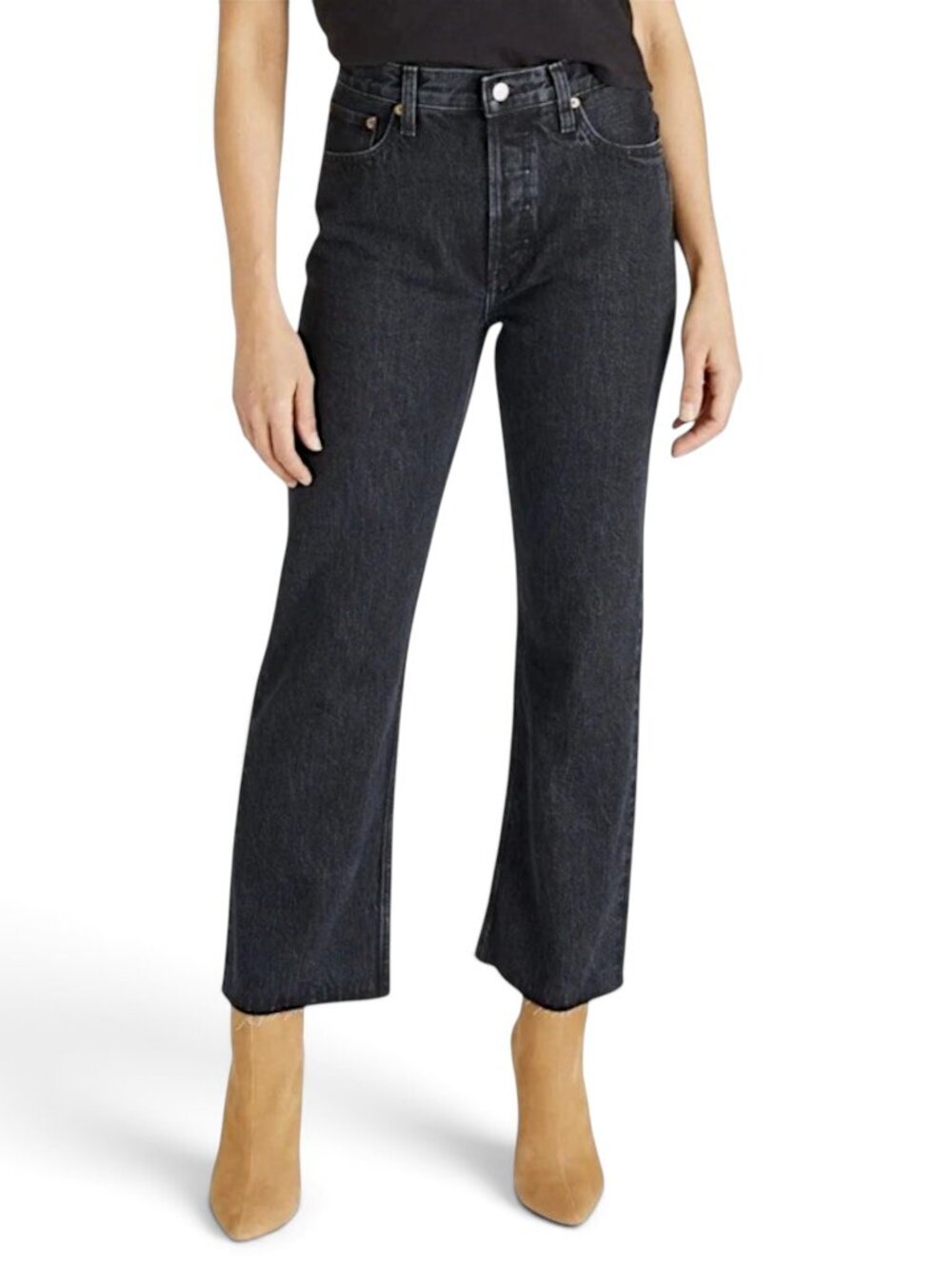 Etica Vintage Josie Obsidian Black Sanded Distressed Crop Flare Jeans NWT New 25
